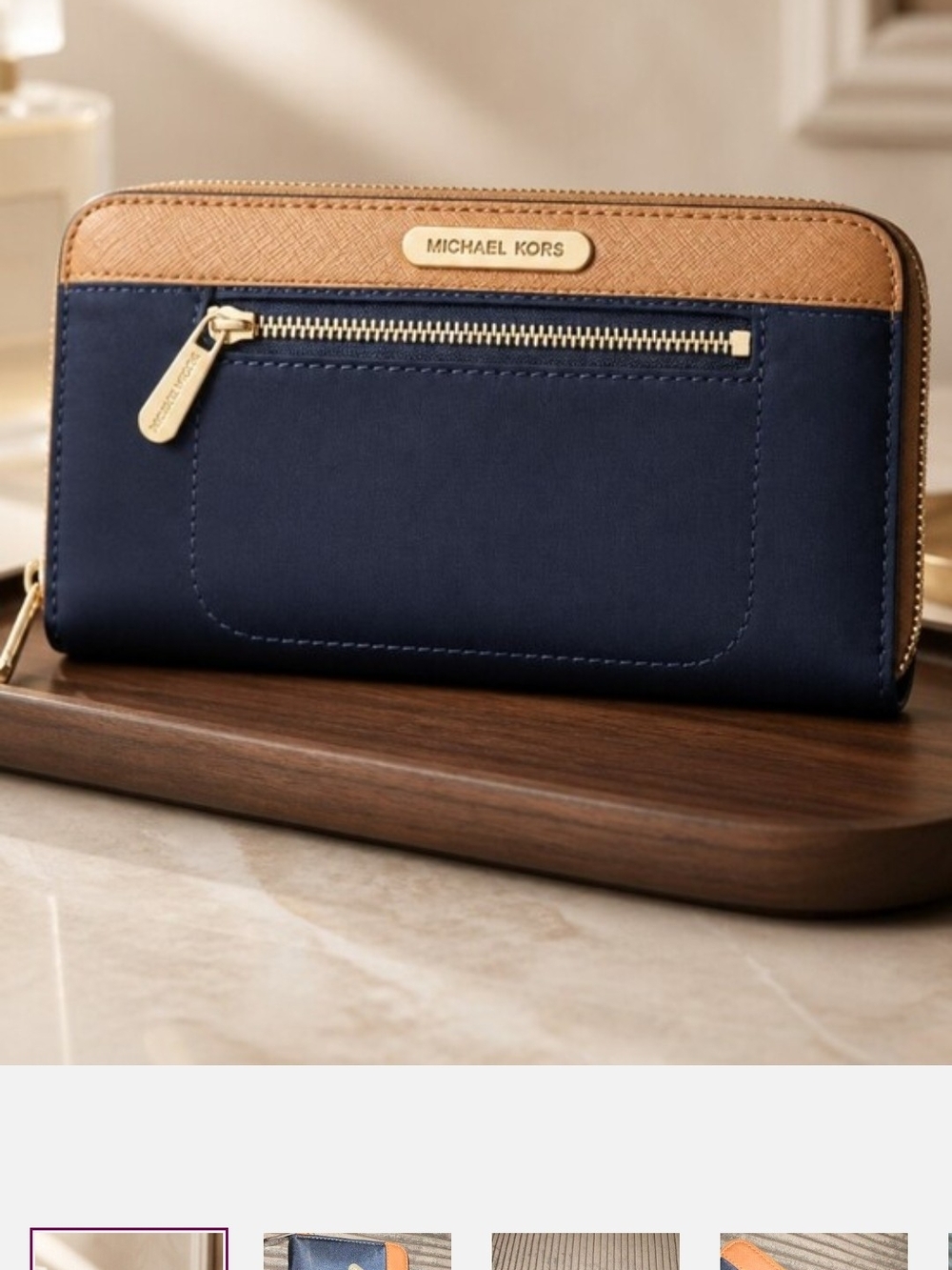 Michael Kors Navy and Tan Zip-Around Wallet